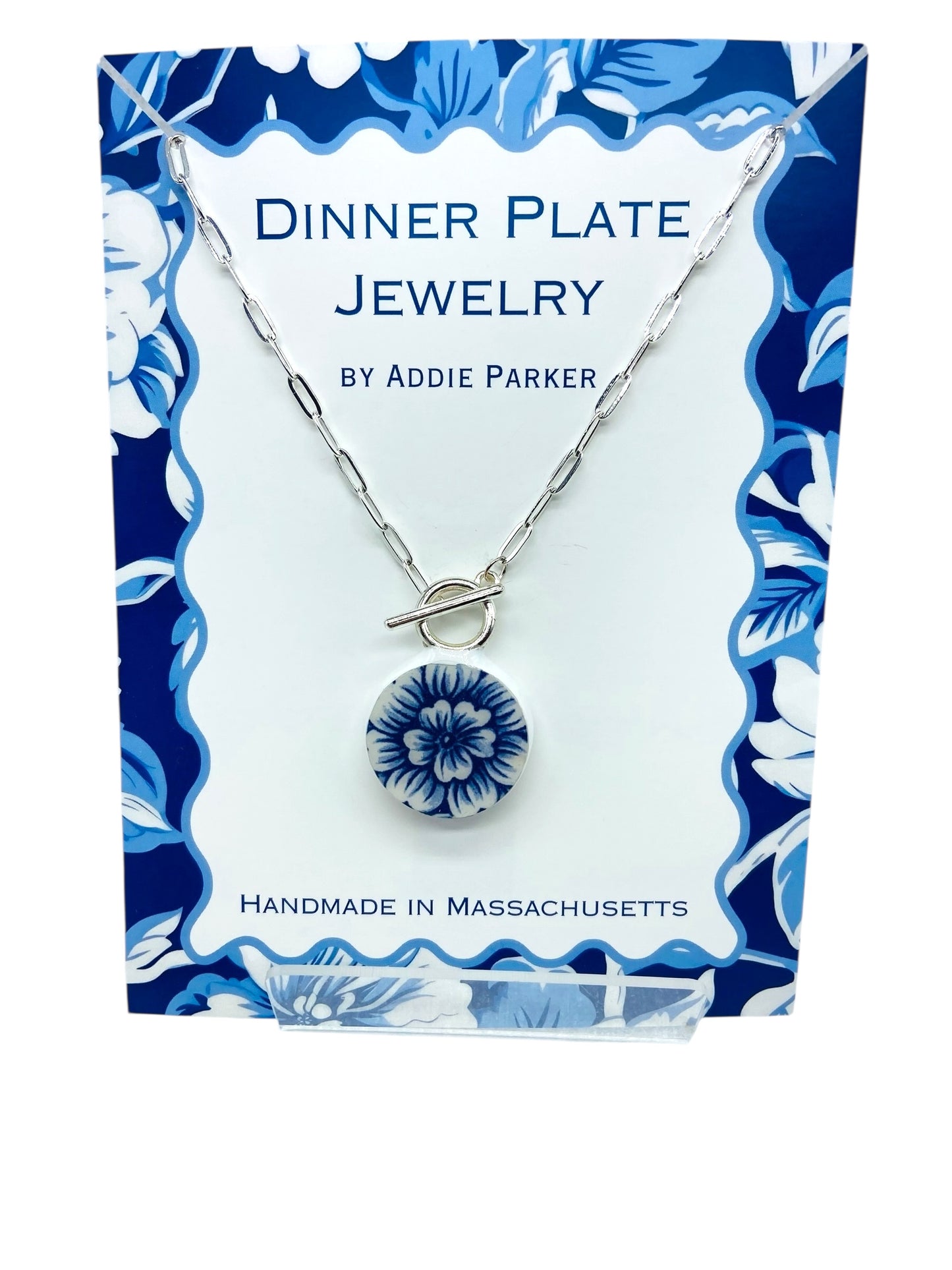 Flower Dinner Plate Necklace - Royal Stafford English Toile Blue