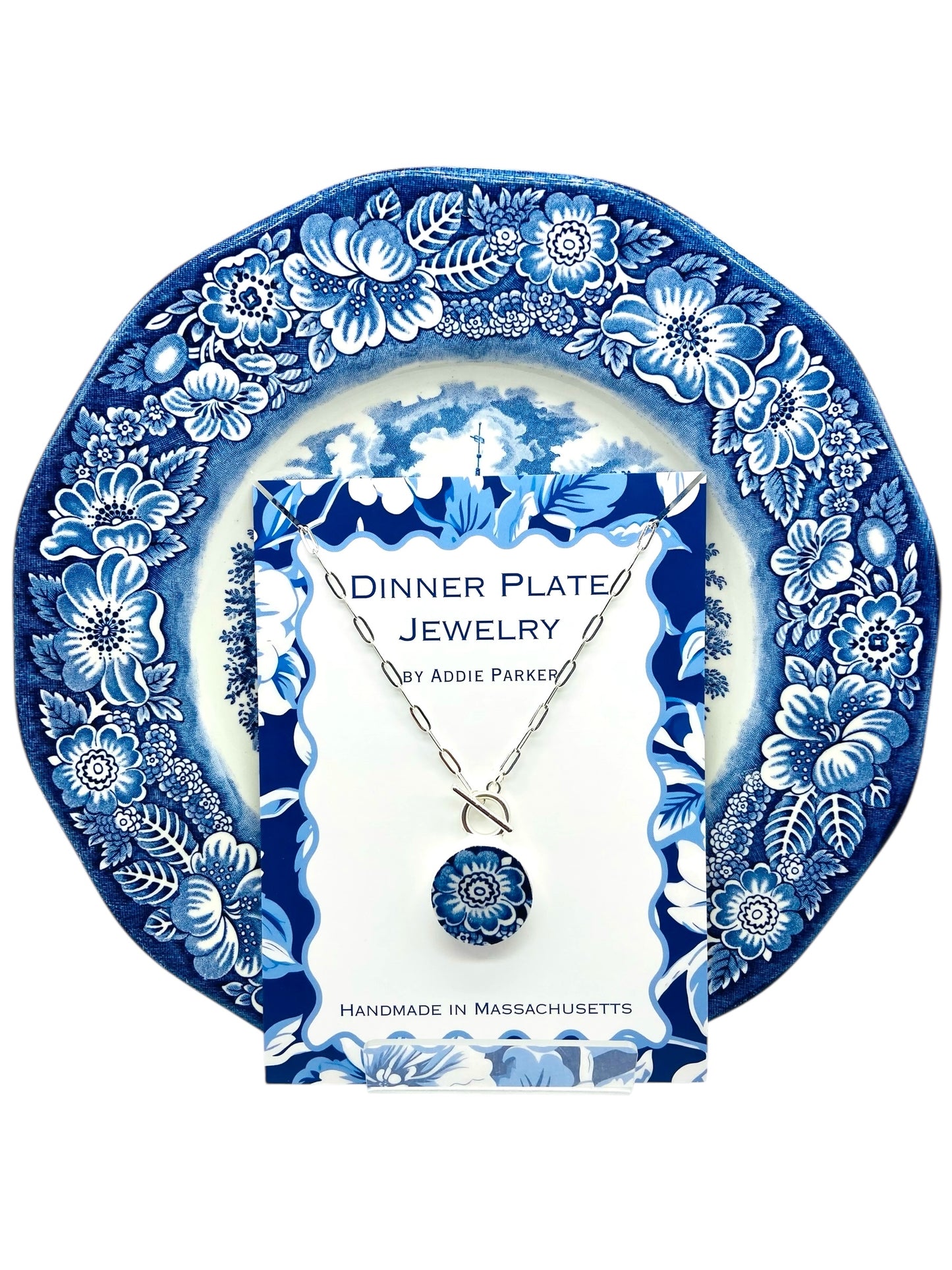 Whole Flower Dinner Plate Necklace - Vintage Liberty Blue Staffordshire