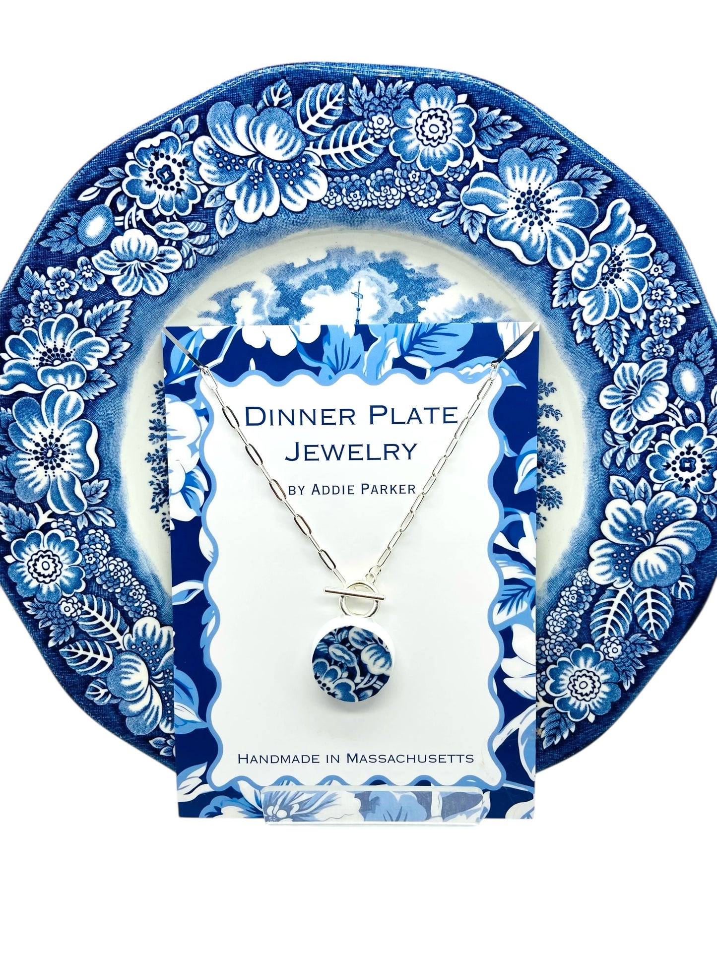 Partial Flower Dinner Plate Necklace - Vintage Liberty Blue Staffordshire