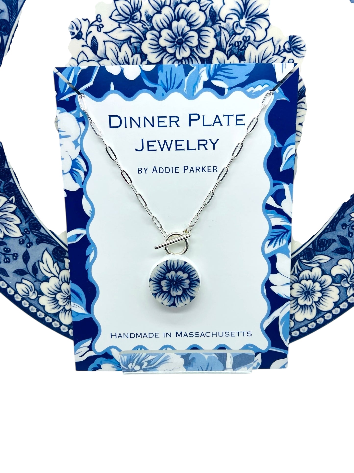 Flower Dinner Plate Necklace - Royal Stafford English Toile Blue