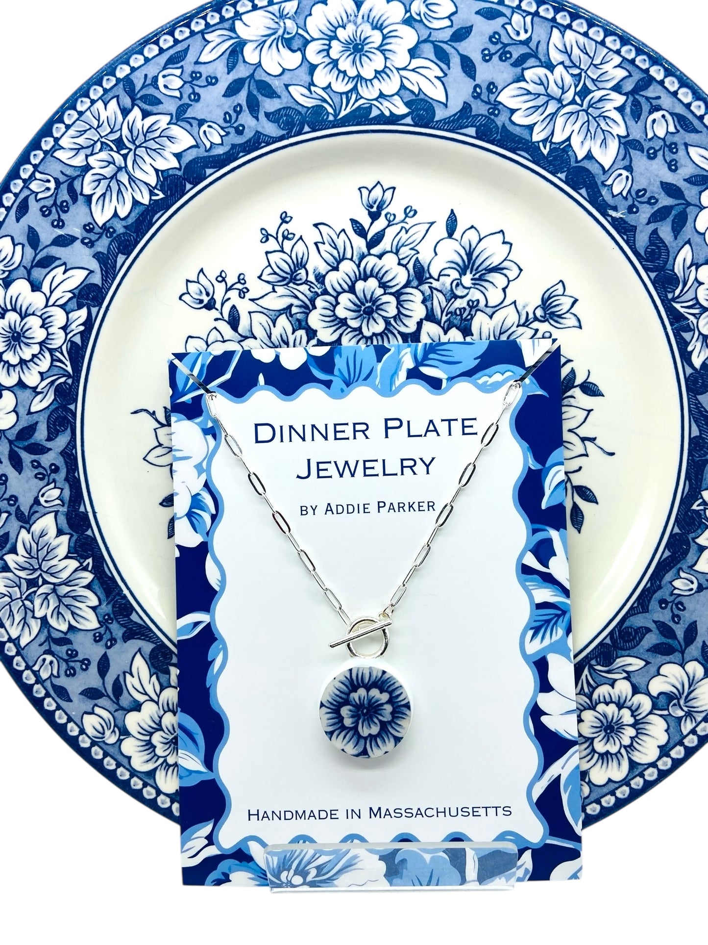 Flower Dinner Plate Necklace - Royal Stafford English Toile Blue