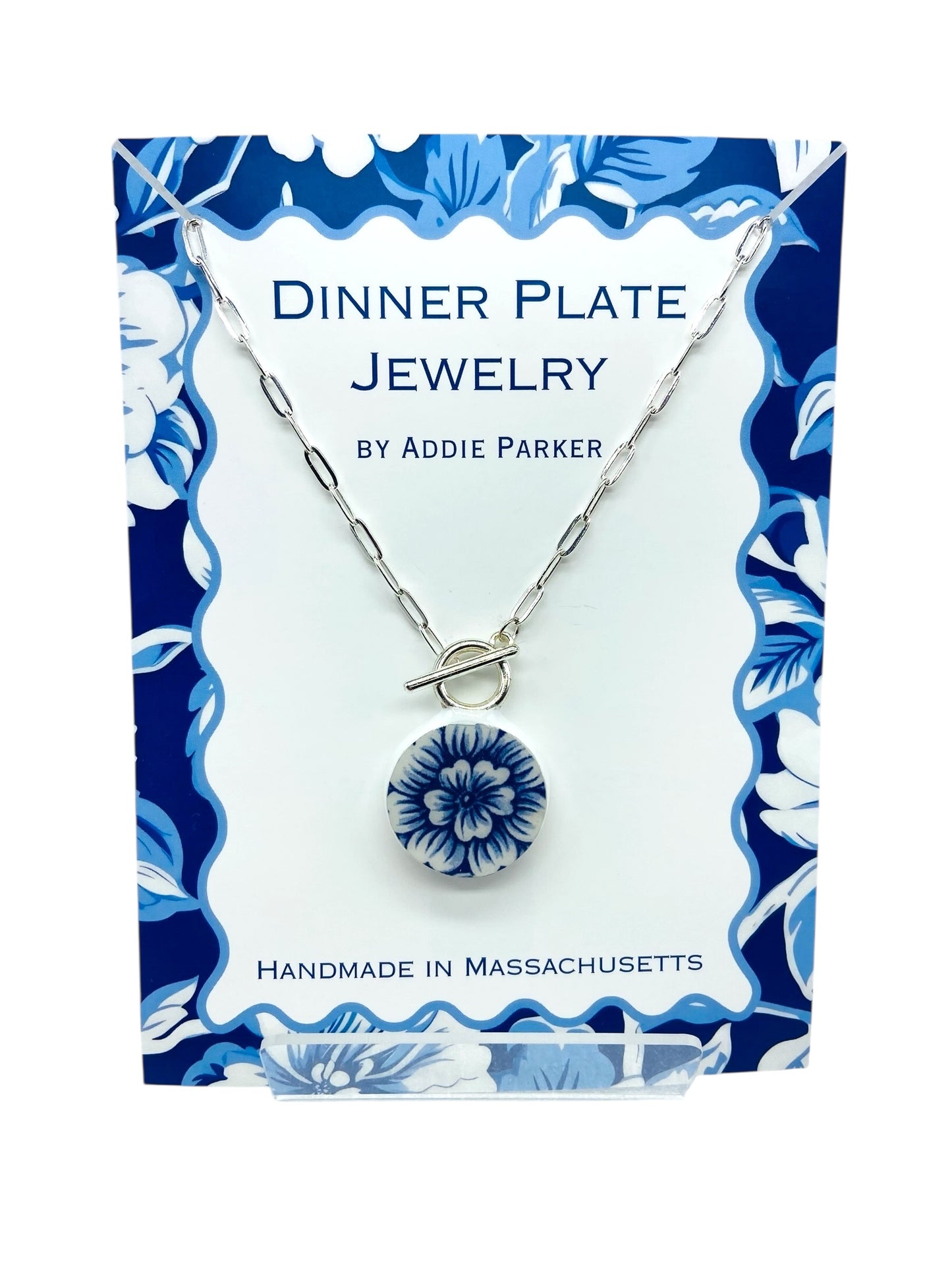 Flower Dinner Plate Necklace - Royal Stafford English Toile Blue