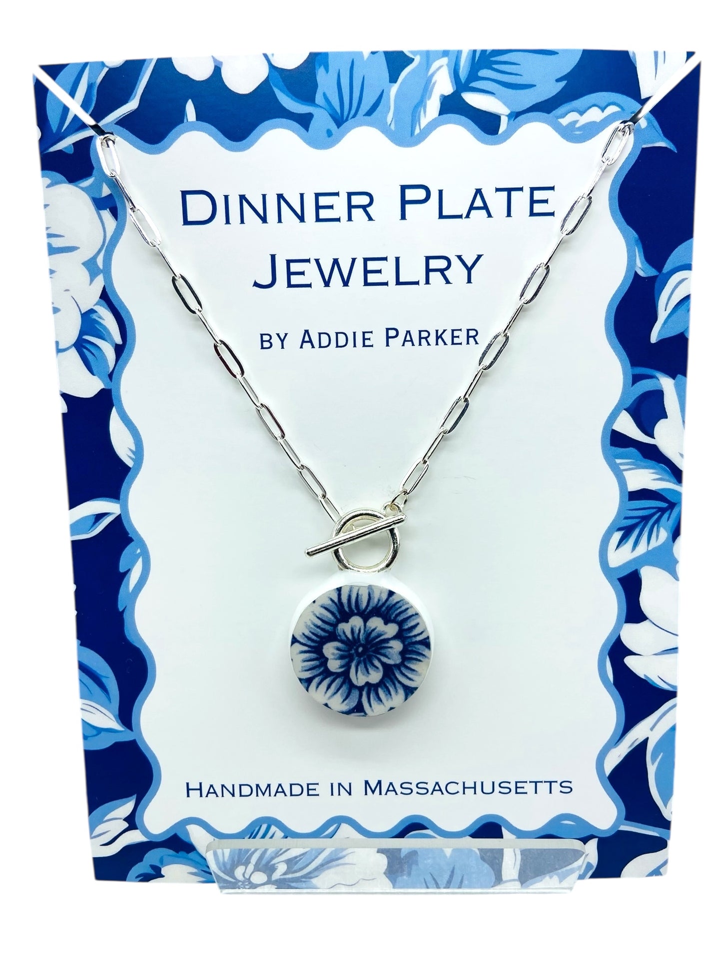 Flower Dinner Plate Necklace - Royal Stafford English Toile Blue