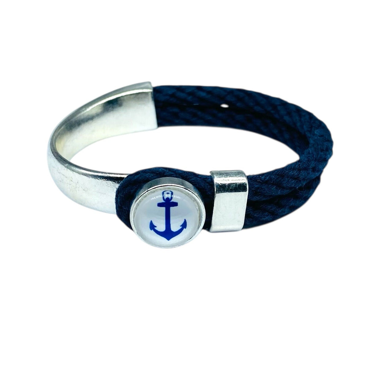 Navy blue bracelet with silver clasp on a white background