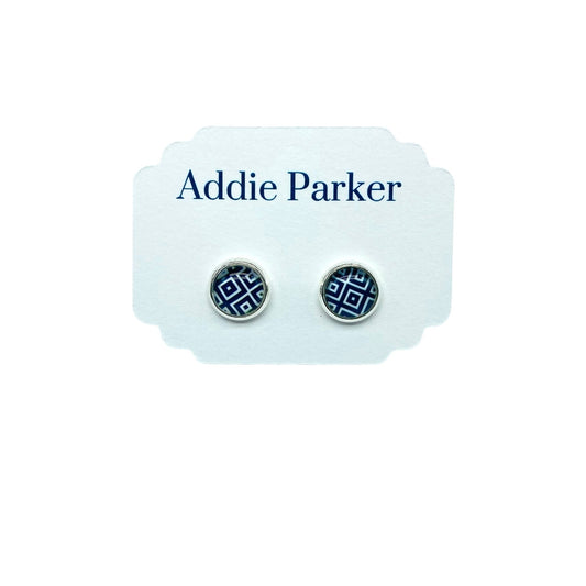 Small Stud Earrings (ST 18) - Navy Blue Geometric