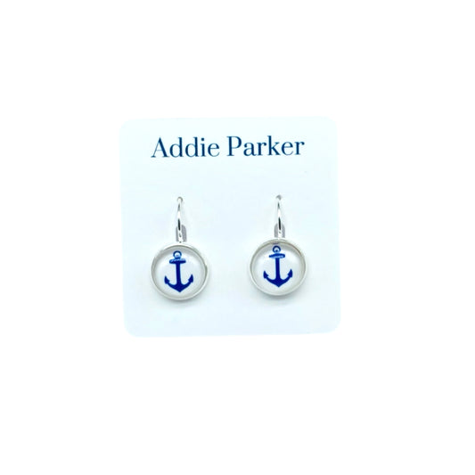 Lever Back Earrings (E 130) - White and Royal Blue Anchor Leverback Earrings