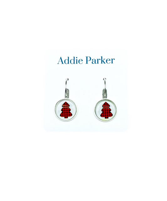 Lever Back Earrings (LB 14) - Red Buffalo Plaid Tree