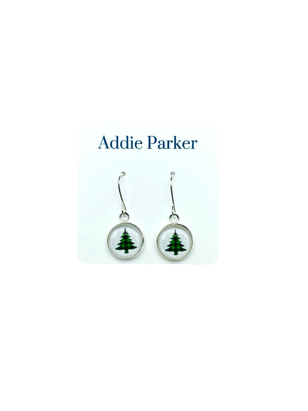 French Hook Style Earring (FH 15) - Green Buffalo Plaid Tree