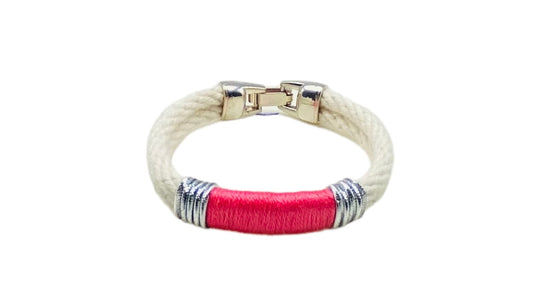 Ivory and Bright Pink Rope Bracelet - Silver
