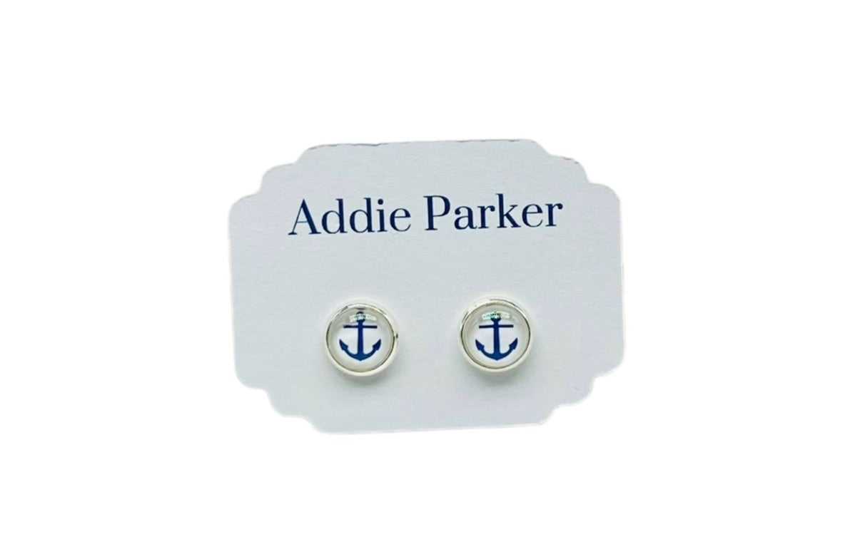 Small Stud Earrings (ST 61) - White with Blue Anchor