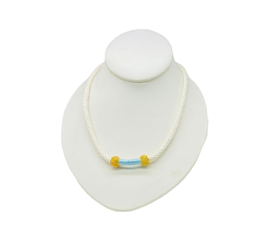 Ivory and Light Blue Rope Necklace - Gold Bead