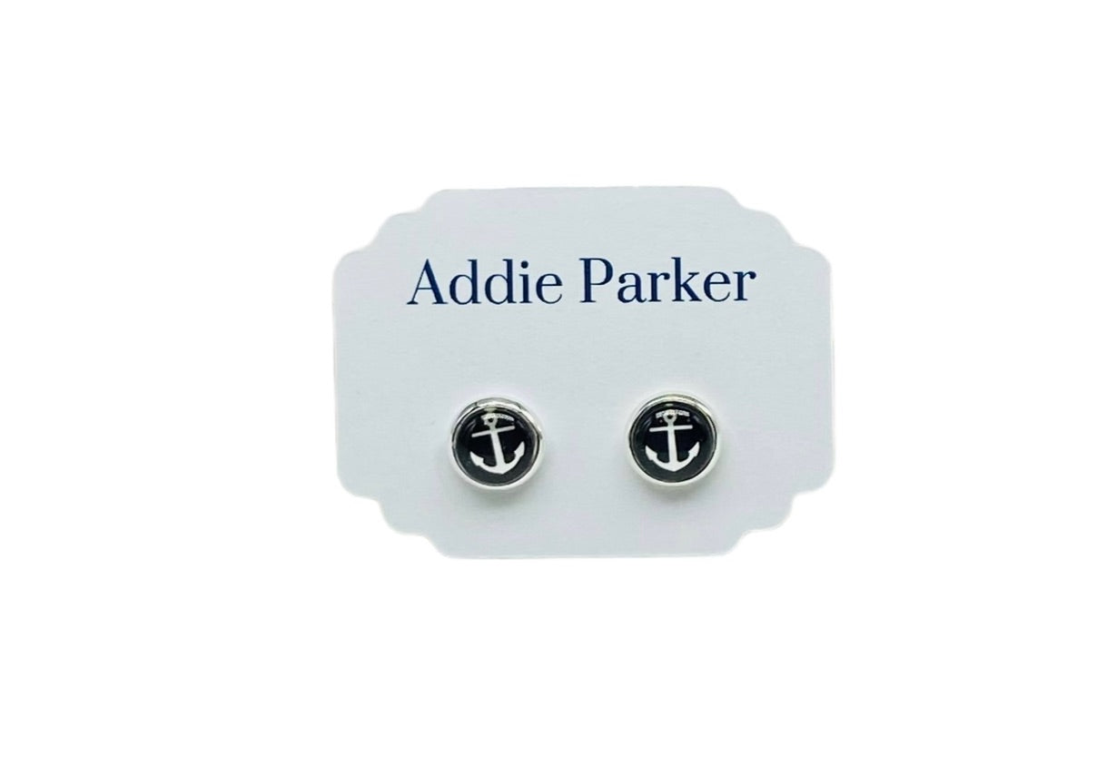 Small Stud Earrings (ST 62) - Black with White Anchor