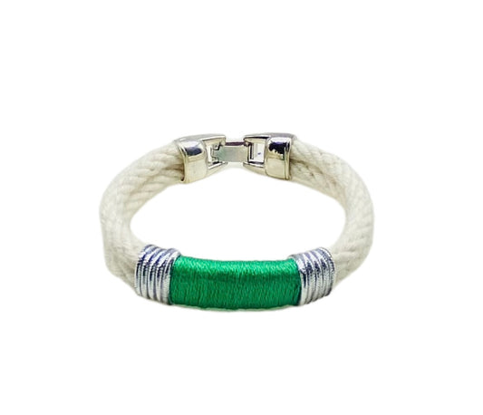 Ivory and Green Rope Bracelet - Silver