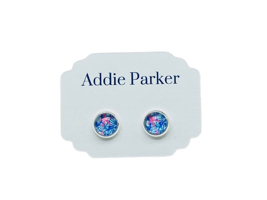 Small Stud Earrings (ST 53) - Blue / Pink Floral