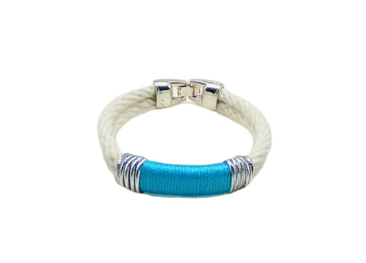 Ivory and Bright Blue Rope Bracelet - Silver